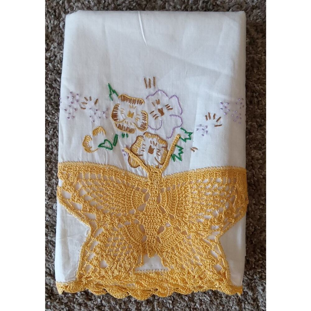 Vintage Handmade Pillowcase Embroidered & Crochet Edge Butterfly & Flower 35x18
